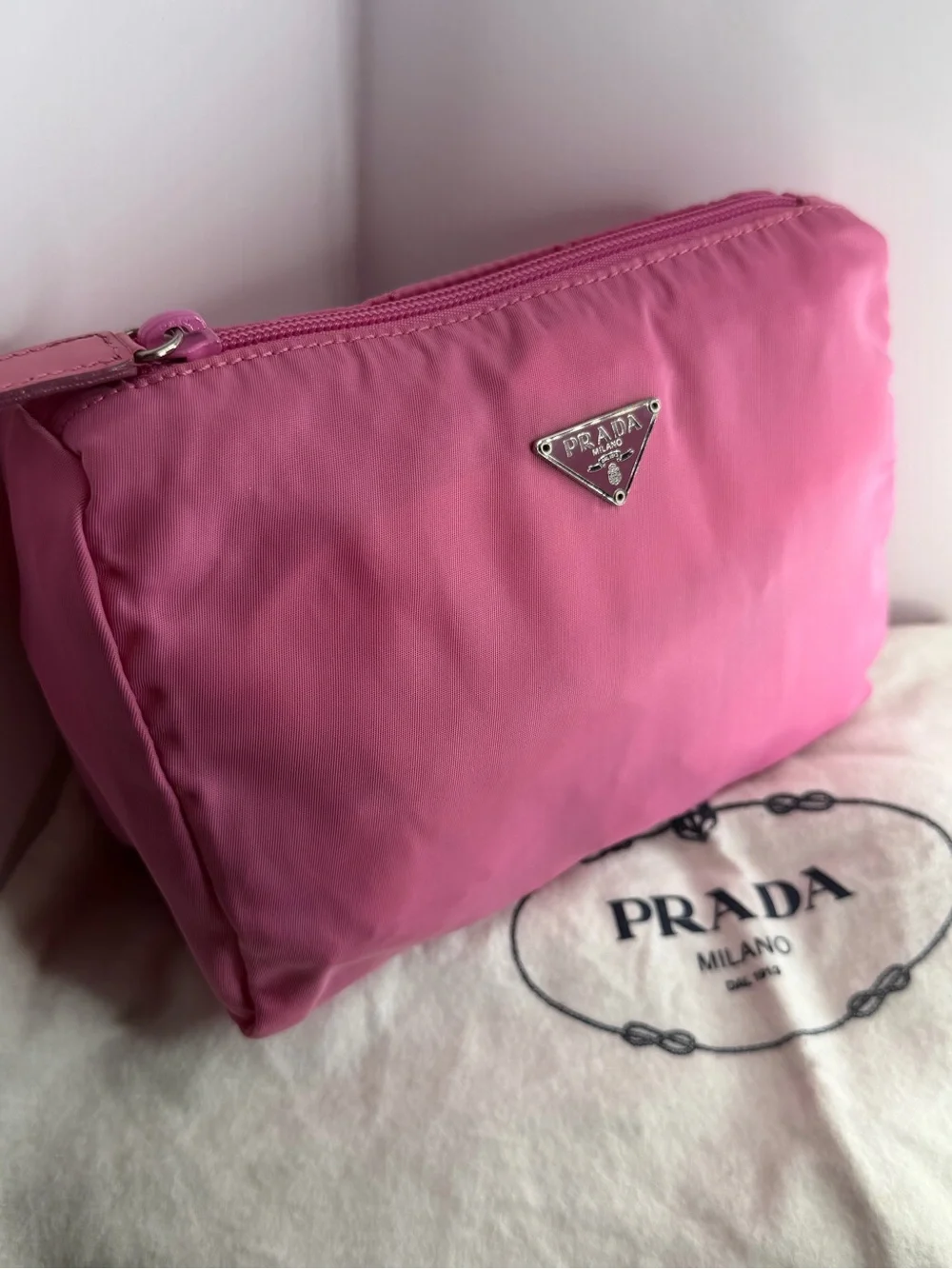 Prada Hot Pink Nylon Cosmetic Pouch with Triangle Logo